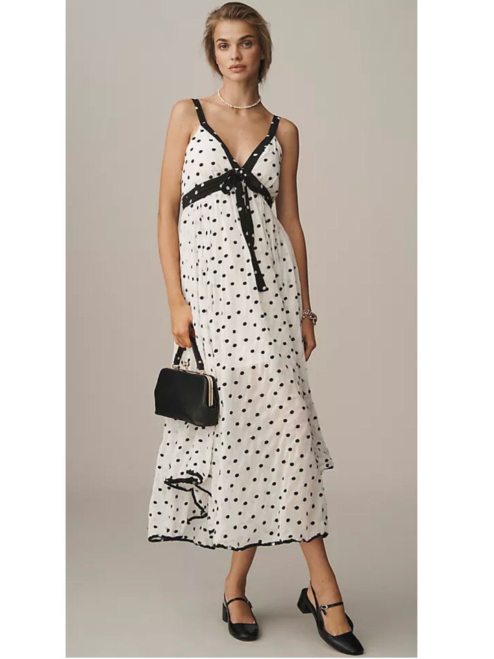 Nwt Anthropologie Maeve Polka Dot Sleeveless V-Neck Slip Midi Dress White Large